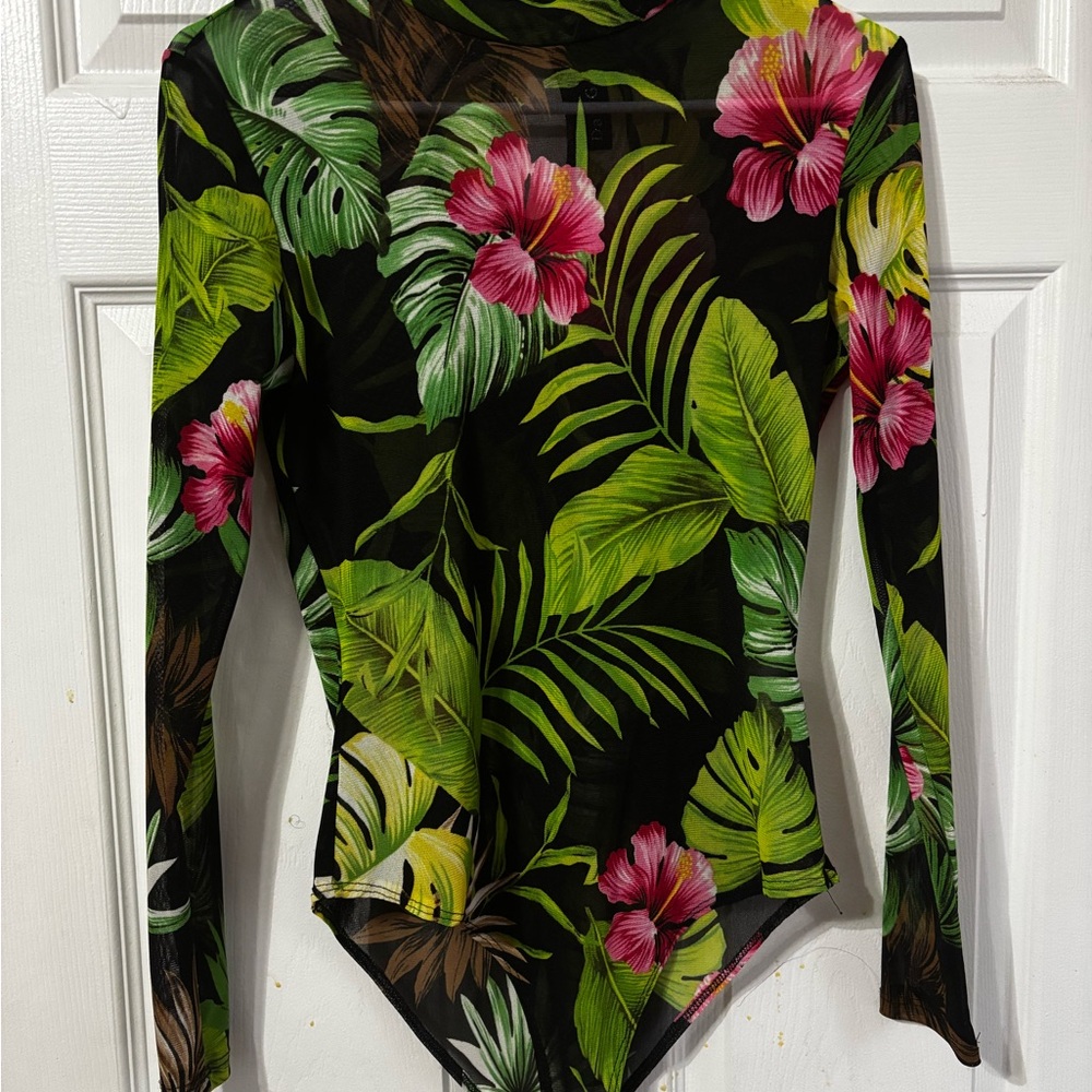 Pink and Green Long Sleeve Bodysuit with Tropical Print